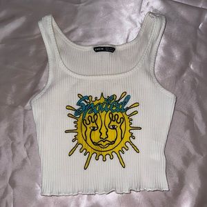 Cute white ribbed tank top with cool sun spoiled logo